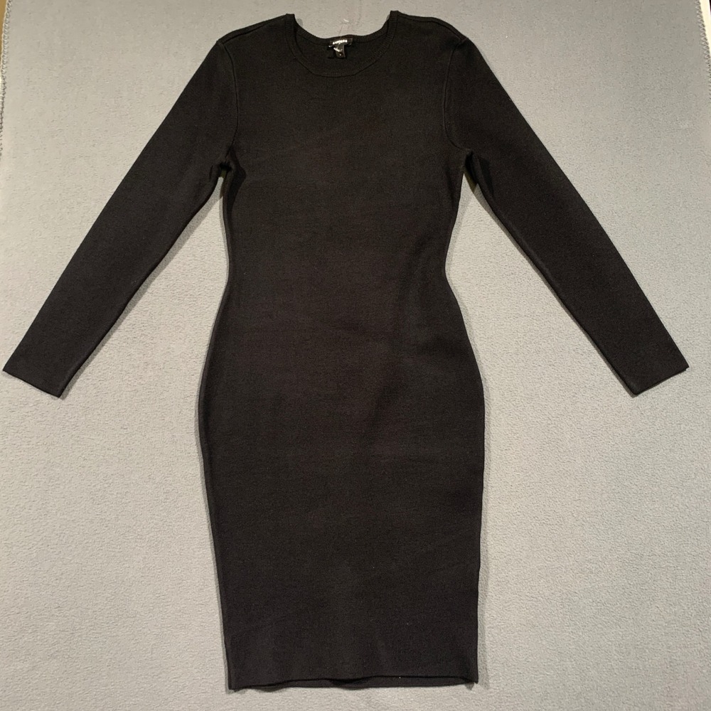 Express Womens LBD Black Long Sleeve Bodycon Knit Sweater Midi Dress Size M